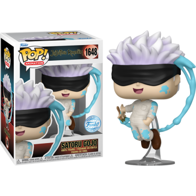 Boneco Funko Pop! Animation Satoru Gojo com cabelo branco, faixa preta nos olhos e manchas azuis, em pose dinâmica com suporte transparente.