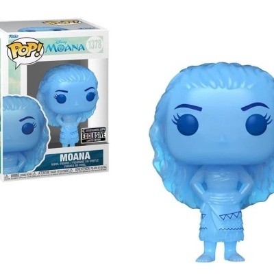 Figura Funko Pop! Moana azul claro e embalagem com texto