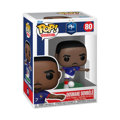 Boneco Funko Pop Ousmane Dembélé na caixa com fundo azul, branco e vermelho