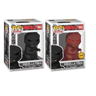 Duas figuras Pop! Godzilla 1984, uma preta e outra vermelha, em caixas com janelas