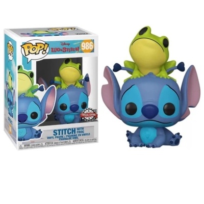 Figura Funko Pop de Stitch com sapo na cabeça e embalagem de cartão