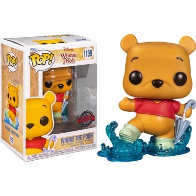 Figura Funko Pop! do Winnie the Pooh com guarda-chuva e base azul, e sua caixa com texto Disney Winnie the Pooh 1159.