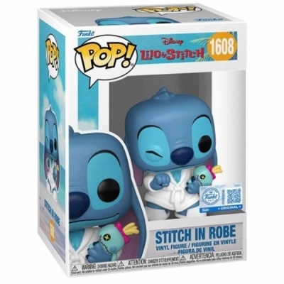 Funko Pop Stitch em roupão numa caixa com texto e imagem do personagem