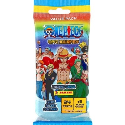 Pacote colorido de cartas colecionáveis One Piece Epic Journey da Panini com personagens e texto do produto