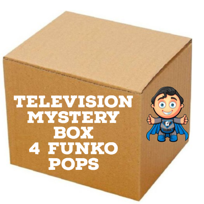 Caixa de cartão com texto sobre mistério de figuras Funko Pop e logotipo de personagem cartoon