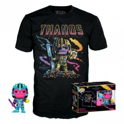 Conjunto t-shirt preta Thanos estilo cartoon com figura colecionável colorida e caixa