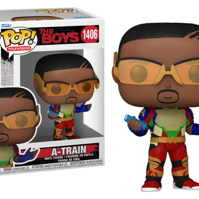 Figura Funko Pop! A-Train da série The Boys com óculos amarelos e roupa colorida dentro da embalagem