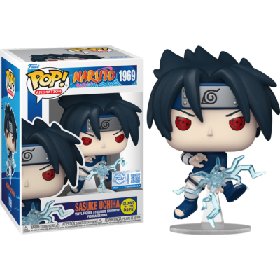 Figura Funko Pop de Sasuke Uchiha com efeito de ataque em azul translúcido e caixa