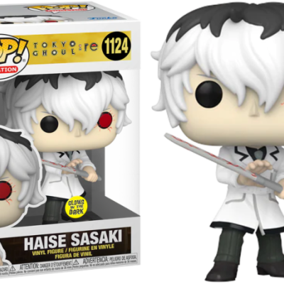 Funko Pop! de Haise Sasaki com cabelo branco e preto, olhos vermelhos e preto, segurando katana