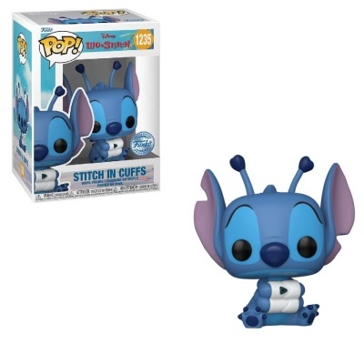 Figura Funko Pop de Stitch azul sentado com algemas na embalagem
