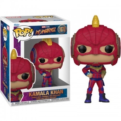 Figura Funko Pop! de Kamala Khan com capacete vermelho e detalhe dourado, em caixa