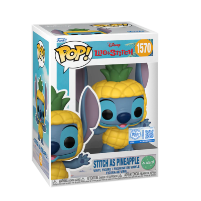 Boneco Funko Pop Stitch vestido como ananás dentro da embalagem