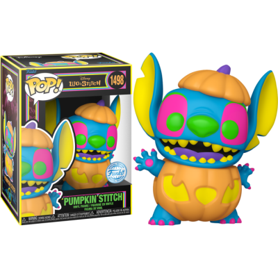 Figura Funko Pop! Pumpkin Stitch com fantasia de abóbora colorida e caixa à esquerda.