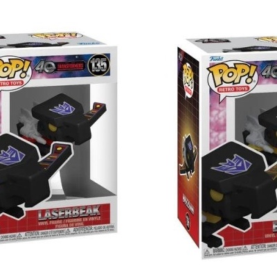 Bonecos Funko Pop! Laserbeak e Buzzsaw da coleção Transformers em caixas com janela