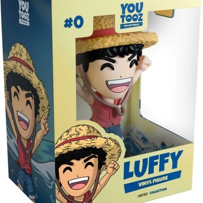 Caixa de figura de vinil Luffy com design colorido e janela transparente