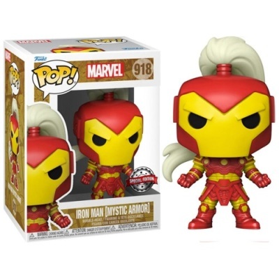 Boneco Funko Pop Homem de Ferro Armadura Mística vermelho e amarelo com cabelo esbranquiçado