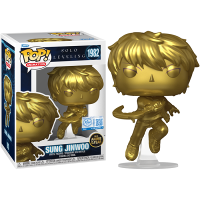 Funko Pop! dourado da personagem Sung Jinwoo em caixa de colecionador