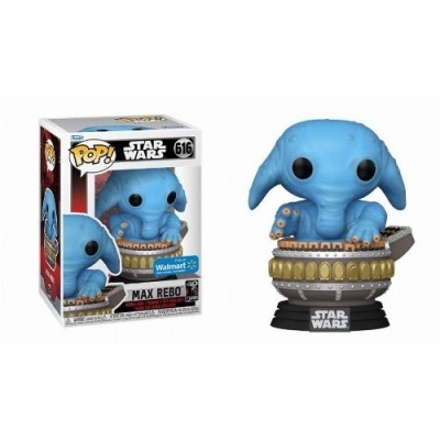 Figura Pop! Max Rebo azul sentado num instrumento musical, embalagem Star Wars número 616.