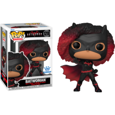 Figura Funko Pop! Batwoman com máscara preta, roupa e capa vermelha e preta, cabelo volumoso, ao lado da caixa.