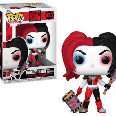 Figura Funko Pop! Harley Quinn com armas e embalagem