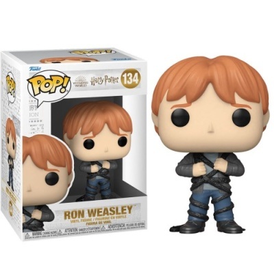 Funko Pop de Ron Weasley em embalagem branca com detalhes amarelos e pretos