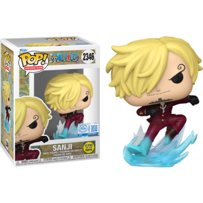 Figura Funko Pop Sanji da animação One Piece com base azul e roupa vermelha
