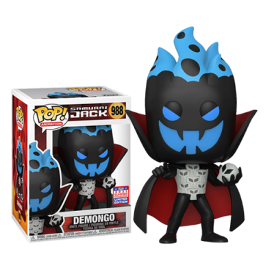 Funko Pop Demongo número 988 com máscara preta e azul e capa vermelha ao lado da caixa colorida
