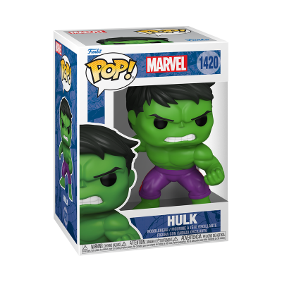 Figura Funko Pop! do Hulk verde com short roxo na caixa com texto Marvel e número 1420.
