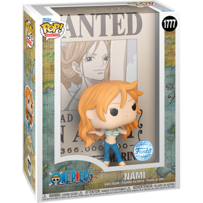 Figura Funko Pop! Nami de One Piece em caixa com fundo WANTED.