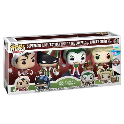 Caixa com 4 figuras Pop! Heroes DC Super Heroes Superman, Batman, The Joker e Harley Quinn