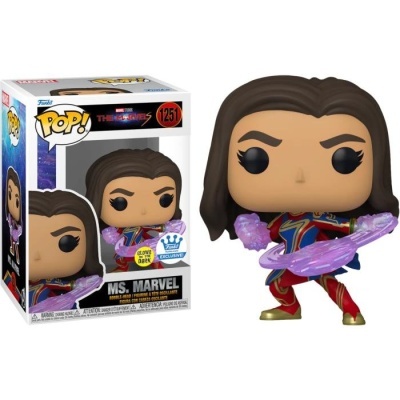 Funko Pop! Ms. Marvel com objeto roxo e caixa correspondente