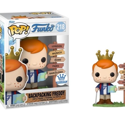 Funko Pop! Backpacking Freddy com coroa e placa de sinais em várias cidades