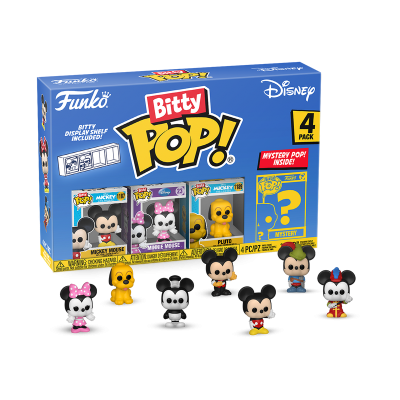 Produtos Funko Bitty Pop! Disney com figuras de personagens como Mickey Mouse, Minnie Mouse e Pluto.