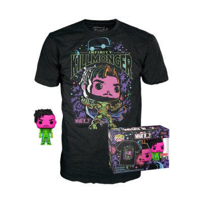 T-shirt preta Killmonger, boneco Funko Pop e caixa da coleção WHAT IF?
