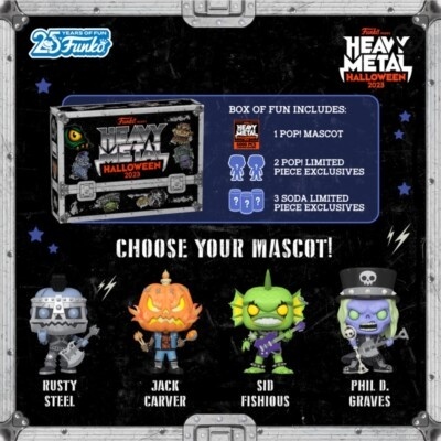 Caixa Funko Heavy Metal Halloween 2023 com 4 figuras Pop! em cores cinza, laranja, verde e azul