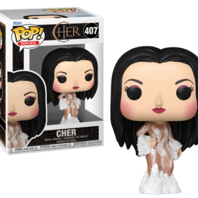 Boneco Funko Pop Cher com cabelo preto e vestido branco em embalagem