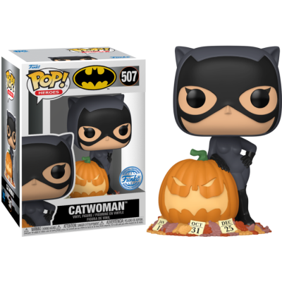 Boneco Funko Pop de Catwoman com abóbora e embalagem