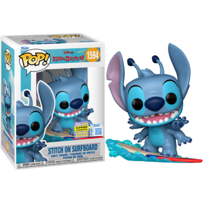 Figura Funko Pop! de Stitch em prancha de surf, com caixa white e azul