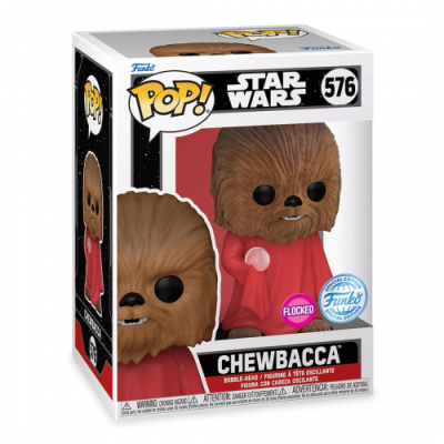 Figura colecionável Chewbacca Star Wars Pop Flocked na embalagem