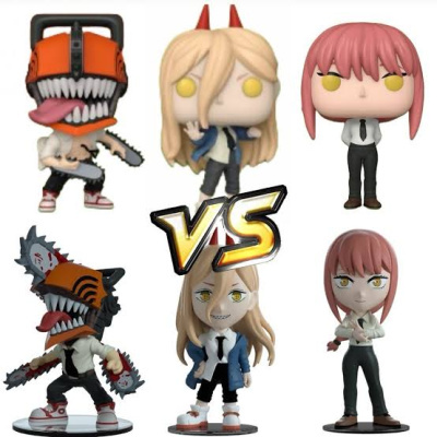 Seis figuras colecionáveis estilo Funko Pop com personagens masculinos e femininos e texto VS ao centro
