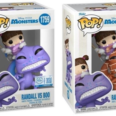 Caixas com figuras Funko Pop Randall vs Boo da coleção Disney Pixar Monsters, uma roxa outra laranja com padrão de tijolos