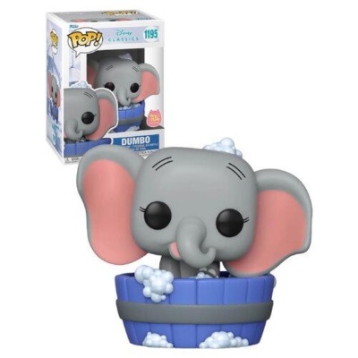 Funko Pop Vinil do Dumbo cinzento numa tina azul com espuma branca