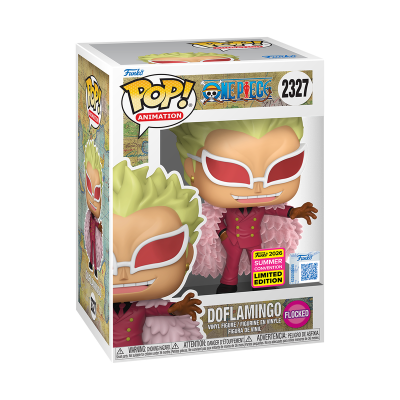 Figura Funko Pop! Doflamingo da animação One Piece com cabelo verde e óculos vermelhos dentro de caixa