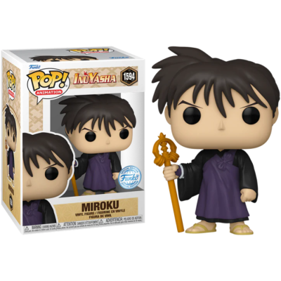 Figura Funko Pop! de vinil Miroku da série Inuyasha com vestuário roxo e preto segurando um cajado dourado, ao lado da caixa original.