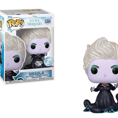 Figura Funko Pop de Ursula da Pequena Sereia com pele roxa e cabelo branco ao lado da caixa.