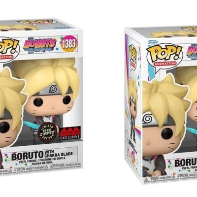 Bonecos Funko Pop de Boruto em caixas transparentes