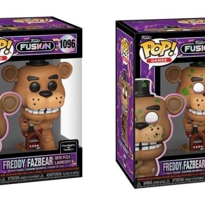Duas figuras Funko Pop de Freddy Fazbear em caixas roxas e pretas, com texto e números visíveis.