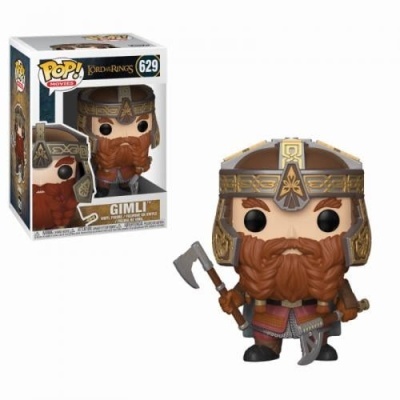 Funko Pop! de vinil do personagem Gimli de The Lord of the Rings com capacete e machado em frente à caixa