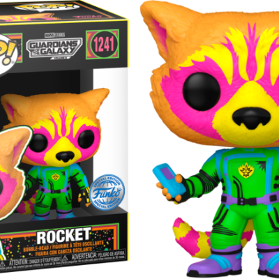 Figura Funko Pop! Rocket dos Guardians of the Galaxy numa caixa preta com texto