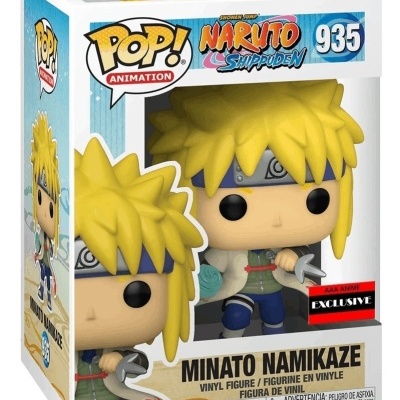 Figura Funko Pop! de Minato Namikaze na caixa com texto e cores claras